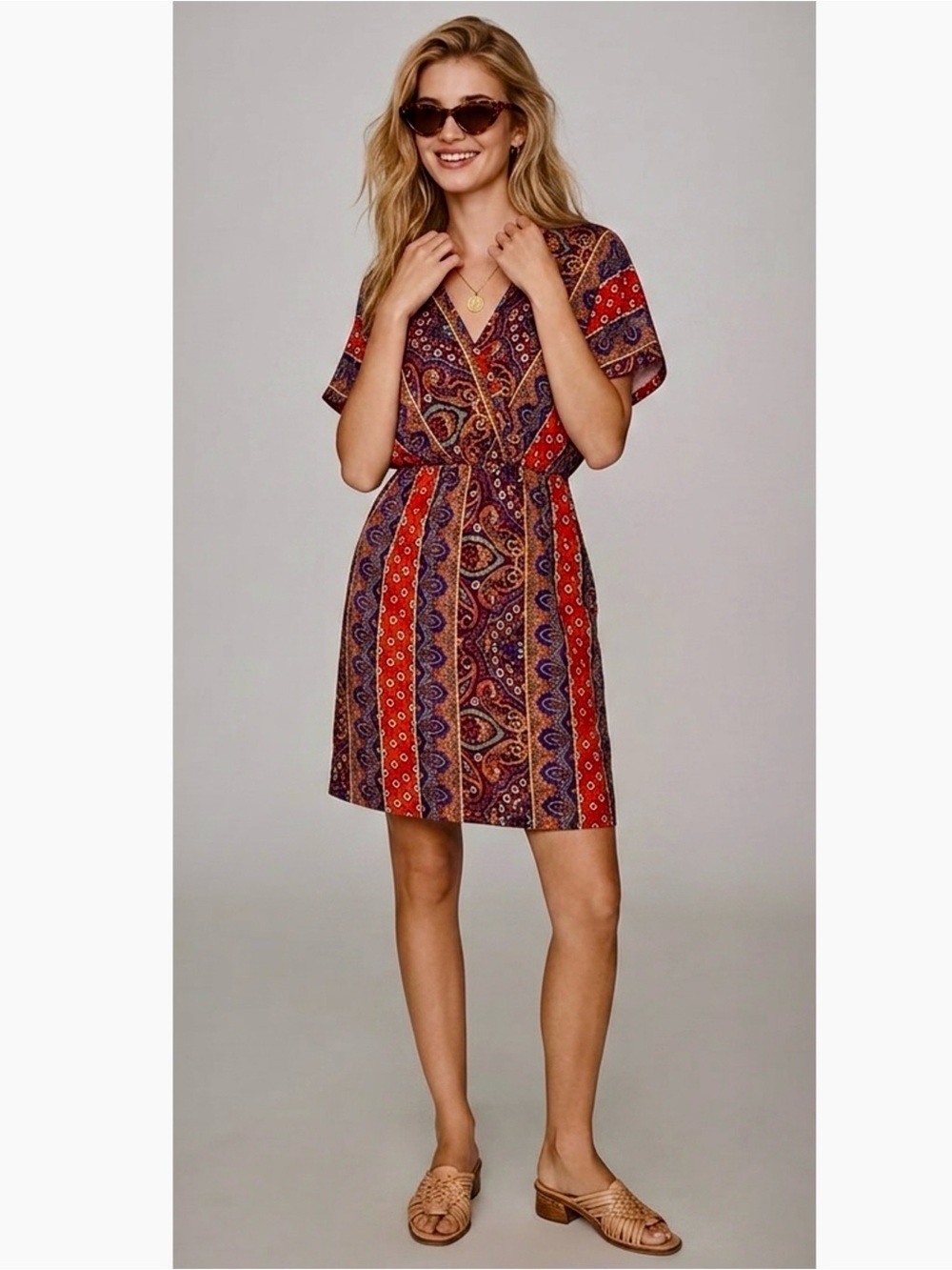 HAPTICS Sunset Orange Boho Print V Neck Short Sleeve Dress Mini Summer Festival